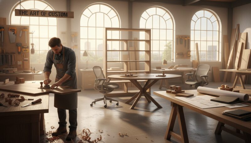 A detailed scene showcasing the process of custom office furniture manufacturing. In the foreground, a skilled carpenter in professional attire is focused on crafting a wooden desk, using precision tools. In the middle, various types of unfinished furniture pieces are displayed, such as bookshelves and conference tables, alongside wood samples and design blueprints. The background features large windows allowing natural light to illuminate the workshop, casting soft shadows. The atmosphere is warm and inviting, highlighting the craftsmanship involved, with wood shavings scattered on the floor and tools organized neatly. The overall mood conveys a sense of creation and attention to detail, emphasizing the art of custom furniture making. A detailed scene showcasing the process of custom office furniture manufacturing. In the foreground, a skilled carpenter in professional attire is focused on crafting a wooden desk, using precision tools. In the middle, various types of unfinished furniture pieces are displayed, such as bookshelves and conference tables, alongside wood samples and design blueprints. The background features large windows allowing natural light to illuminate the workshop, casting soft shadows. The atmosphere is warm and inviting, highlighting the craftsmanship involved, with wood shavings scattered on the floor and tools organized neatly. The overall mood conveys a sense of creation and attention to detail, emphasizing the art of custom furniture making.