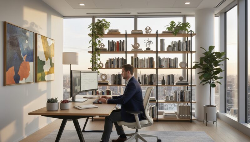 A modern office interior design featuring a sleek, functional workspace. In the foreground, a stylish, ergonomic desk with a minimalist aesthetic, accompanied by a comfortable office chair. The middle layer includes a well-organized bookshelf filled with books and decorative plants, adding a touch of greenery. Large windows in the background allow natural light to flood the space, creating a warm and inviting atmosphere. Soft, ambient lighting complements the sunlight, enhancing the overall mood. The color palette consists of neutral tones with pops of color from artwork on the walls. The scene conveys professionalism and creativity, ideal for a tailored office setup. Include a professional individual in business attire, engaged in work, to emphasize the functionality of the space. A modern office interior design featuring a sleek, functional workspace. In the foreground, a stylish, ergonomic desk with a minimalist aesthetic, accompanied by a comfortable office chair. The middle layer includes a well-organized bookshelf filled with books and decorative plants, adding a touch of greenery. Large windows in the background allow natural light to flood the space, creating a warm and inviting atmosphere. Soft, ambient lighting complements the sunlight, enhancing the overall mood. The color palette consists of neutral tones with pops of color from artwork on the walls. The scene conveys professionalism and creativity, ideal for a tailored office setup. Include a professional individual in business attire, engaged in work, to emphasize the functionality of the space.