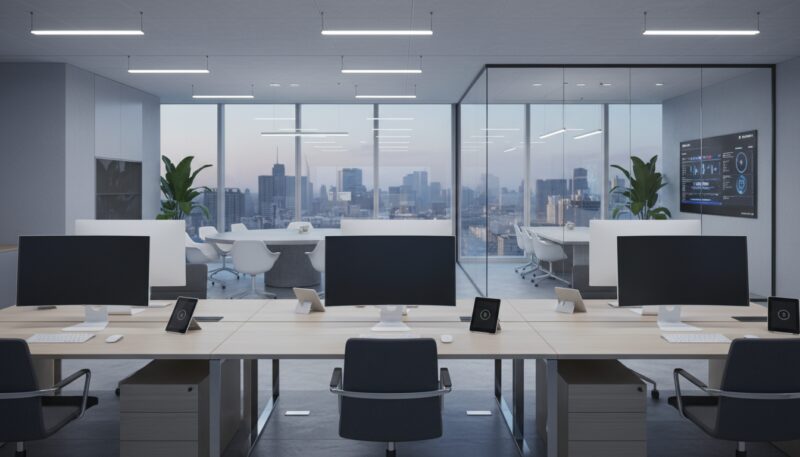 A modern office interior featuring automated lighting systems, designed to enhance productivity. In the foreground, sleek office desks with ergonomic chairs, each equipped with high-tech devices. A large window in the middle allows natural light to enter, harmonizing with smart overhead lights that adjust brightness based on the time of day. In the background, a glass-walled conference room is visible, showcasing a digital display board and minimalist decor. The overall color palette includes soft blues and grays, creating a calming atmosphere. The scene is well-lit, conveying a sense of professionalism and efficiency. There are no people in the image, allowing viewers to focus solely on the advanced design and functionality of the modern workspace. A modern office interior featuring automated lighting systems, designed to enhance productivity. In the foreground, sleek office desks with ergonomic chairs, each equipped with high-tech devices. A large window in the middle allows natural light to enter, harmonizing with smart overhead lights that adjust brightness based on the time of day. In the background, a glass-walled conference room is visible, showcasing a digital display board and minimalist decor. The overall color palette includes soft blues and grays, creating a calming atmosphere. The scene is well-lit, conveying a sense of professionalism and efficiency. There are no people in the image, allowing viewers to focus solely on the advanced design and functionality of the modern workspace.