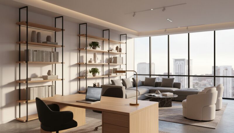 A modern office interior showcasing a variety of office furniture arrangements. In the foreground, a sleek wooden desk with a comfortable ergonomic chair, accompanied by a laptop and a stylish desk lamp. In the middle, elegant shelving units filled with books and decorative items, and a cozy seating area with a coffee table. In the background, large windows let in natural light, creating a bright and inviting atmosphere. The scene is captured with a wide-angle lens, emphasizing the spatial dynamics of the office layout. Soft, warm lighting enhances the professional yet inviting mood, suitable for a productive work environment. No people in the image. A modern office interior showcasing a variety of office furniture arrangements. In the foreground, a sleek wooden desk with a comfortable ergonomic chair, accompanied by a laptop and a stylish desk lamp. In the middle, elegant shelving units filled with books and decorative items, and a cozy seating area with a coffee table. In the background, large windows let in natural light, creating a bright and inviting atmosphere. The scene is captured with a wide-angle lens, emphasizing the spatial dynamics of the office layout. Soft, warm lighting enhances the professional yet inviting mood, suitable for a productive work environment. No people in the image.