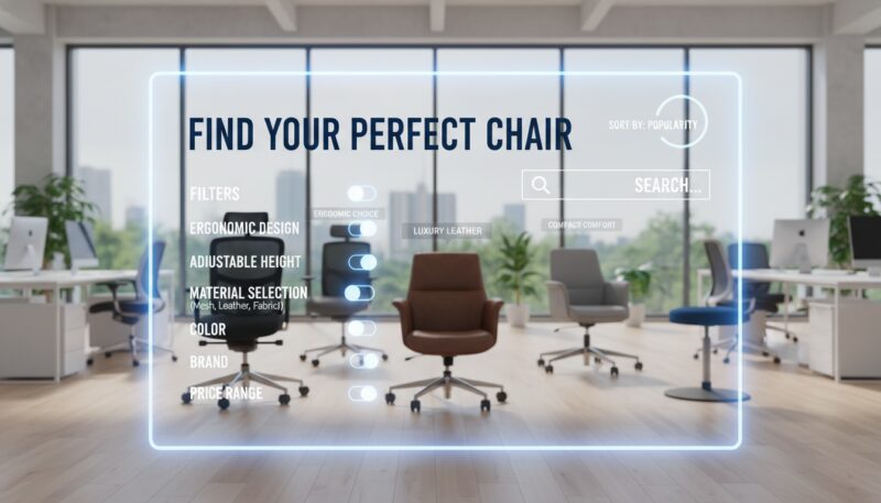 A modern office scene showcasing a variety of office chair filters with accompanying search options. In the foreground, a sleek digital interface displays categories such as ergonomic design, adjustable height, and material selection. The middle section features a neatly arranged display of diverse office chairs, emphasizing comfort and support, with varying colors and styles like mesh, leather, and upholstered designs. The background illustrates a bright and airy office space, with large windows allowing natural light to stream in, accentuating the professional atmosphere. Soft reflections and shadows add depth, while the overall mood is inviting and functional, perfect for demonstrating practical filtering options in office furniture selection. A modern office scene showcasing a variety of office chair filters with accompanying search options. In the foreground, a sleek digital interface displays categories such as ergonomic design, adjustable height, and material selection. The middle section features a neatly arranged display of diverse office chairs, emphasizing comfort and support, with varying colors and styles like mesh, leather, and upholstered designs. The background illustrates a bright and airy office space, with large windows allowing natural light to stream in, accentuating the professional atmosphere. Soft reflections and shadows add depth, while the overall mood is inviting and functional, perfect for demonstrating practical filtering options in office furniture selection.