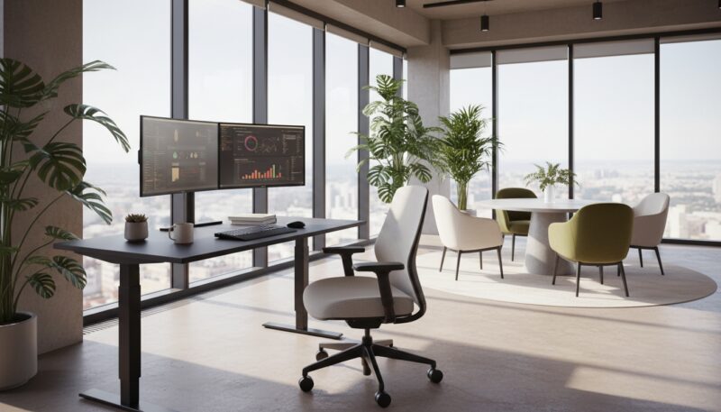 A modern office setting designed to boost productivity, featuring ergonomic furniture and innovative workspace layout. In the foreground, a sleek, adjustable standing desk with a dual-monitor setup and a comfortable, ergonomic chair in a soft color scheme. In the middle ground, a collaboration area with a round table and cozy seating, surrounded by indoor plants that bring vitality to the workspace. The background showcases large windows allowing natural light to pour in, creating a bright and inviting atmosphere. The scene is captured with a wide-angle lens, emphasizing the spaciousness and organization of the office. The mood is inspiring and focused, ideal for enhancing productivity in a professional environment. A modern office setting designed to boost productivity, featuring ergonomic furniture and innovative workspace layout. In the foreground, a sleek, adjustable standing desk with a dual-monitor setup and a comfortable, ergonomic chair in a soft color scheme. In the middle ground, a collaboration area with a round table and cozy seating, surrounded by indoor plants that bring vitality to the workspace. The background showcases large windows allowing natural light to pour in, creating a bright and inviting atmosphere. The scene is captured with a wide-angle lens, emphasizing the spaciousness and organization of the office. The mood is inspiring and focused, ideal for enhancing productivity in a professional environment.
