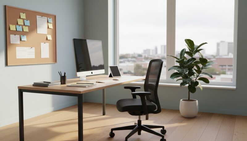 A modern office space designed for productivity, featuring a stylish desk with a sleek computer setup, ergonomic chair, and organized workspace. In the foreground, a potted plant adds a touch of greenery, promoting a calming atmosphere. The middle background showcases a large window with natural light flooding in, illuminating the room with a warm glow. A bulletin board with neatly pinned notes hints at organization and collaboration. Light wood flooring complements the soft color palette of the walls, painted in a soothing light blue. The mood is professional yet inviting, encouraging focus and creativity. The composition is captured from an angle that showcases the entire workspace, providing a clear view of the layout that maximizes efficiency and comfort. A modern office space designed for productivity, featuring a stylish desk with a sleek computer setup, ergonomic chair, and organized workspace. In the foreground, a potted plant adds a touch of greenery, promoting a calming atmosphere. The middle background showcases a large window with natural light flooding in, illuminating the room with a warm glow. A bulletin board with neatly pinned notes hints at organization and collaboration. Light wood flooring complements the soft color palette of the walls, painted in a soothing light blue. The mood is professional yet inviting, encouraging focus and creativity. The composition is captured from an angle that showcases the entire workspace, providing a clear view of the layout that maximizes efficiency and comfort.
