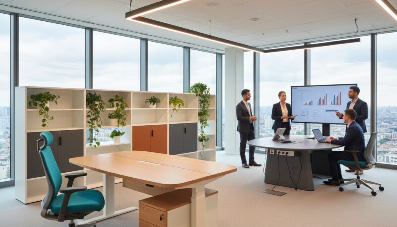 A modern office space featuring personalized office furniture solutions. In the foreground, a sleek wooden desk with ergonomic features and an adjustable height option, accompanied by a stylish office chair in a vibrant color. The middle ground showcases a set of organized shelves adorned with greenery, customizable storage units, and an innovative meeting table with integrated technology. The background presents floor-to-ceiling windows allowing natural light to flood in, with a view of a cityscape. The atmosphere feels professional yet inviting, accentuated by warm lighting from overhead fixtures. The scene captures the essence of a tailored workspace, encouraging productivity and creativity. Ensure all human subjects, if present, are dressed in professional business attire. A modern office space featuring personalized office furniture solutions. In the foreground, a sleek wooden desk with ergonomic features and an adjustable height option, accompanied by a stylish office chair in a vibrant color. The middle ground showcases a set of organized shelves adorned with greenery, customizable storage units, and an innovative meeting table with integrated technology. The background presents floor-to-ceiling windows allowing natural light to flood in, with a view of a cityscape. The atmosphere feels professional yet inviting, accentuated by warm lighting from overhead fixtures. The scene captures the essence of a tailored workspace, encouraging productivity and creativity. Ensure all human subjects, if present, are dressed in professional business attire.