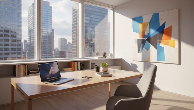 A modern office workspace designed for inspiration and functionality, featuring a sleek wooden desk with a stylish ergonomic chair. In the foreground, a laptop is open, alongside neatly arranged stationery and a small potted plant. The middle layer showcases a bright, sunlit space with large windows offering a view of a cityscape, complemented by minimalist shelving filled with books and decorative items. In the background, vibrant wall art reflects contemporary design trends, while soft natural light filters in, creating a warm, inviting atmosphere. Capture this scene with a wide-angle lens to provide depth, enhancing the professional yet creative vibe of the office environment. The overall mood should be motivating and energizing, perfect for productive work. A modern office workspace designed for inspiration and functionality, featuring a sleek wooden desk with a stylish ergonomic chair. In the foreground, a laptop is open, alongside neatly arranged stationery and a small potted plant. The middle layer showcases a bright, sunlit space with large windows offering a view of a cityscape, complemented by minimalist shelving filled with books and decorative items. In the background, vibrant wall art reflects contemporary design trends, while soft natural light filters in, creating a warm, inviting atmosphere. Capture this scene with a wide-angle lens to provide depth, enhancing the professional yet creative vibe of the office environment. The overall mood should be motivating and energizing, perfect for productive work.