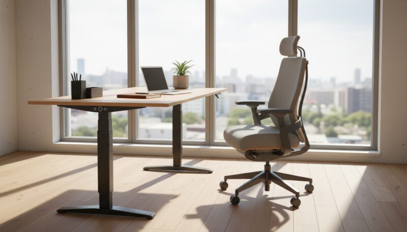 A modern office workspace featuring a stylish ergonomic desk designed for functionality and comfort. In the foreground, showcase the desk with an adjustable height feature, accompanied by an ergonomic chair with lumbar support. In the middle, display various office supplies like a sleek laptop, a notepad, and a desk organizer, emphasizing practicality. In the background, include a large window with natural light flooding the room, casting soft shadows and creating a warm, inviting atmosphere. The desk and chair should have an elegant design with a blend of wood and metal elements. Ensure there are no distractions, focusing instead on the harmony between design and usability, encapsulating a professional yet cozy mood. A modern office workspace featuring a stylish ergonomic desk designed for functionality and comfort. In the foreground, showcase the desk with an adjustable height feature, accompanied by an ergonomic chair with lumbar support. In the middle, display various office supplies like a sleek laptop, a notepad, and a desk organizer, emphasizing practicality. In the background, include a large window with natural light flooding the room, casting soft shadows and creating a warm, inviting atmosphere. The desk and chair should have an elegant design with a blend of wood and metal elements. Ensure there are no distractions, focusing instead on the harmony between design and usability, encapsulating a professional yet cozy mood.