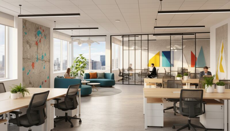 A modern open-space office featuring optimized workspace design. In the foreground, there are clusters of sleek desks, ergonomic chairs, and collaborative seating areas, each decorated with small green plants for a fresh look. The middle layer includes large windows allowing natural light to flood in, illuminating the space with a warm glow. In the background, there are stylish partitions and communal areas with vibrant artwork, creating a dynamic atmosphere. The lighting is bright yet soft, enhancing productivity, while the overall color scheme is neutral with pops of color from furniture and décor. The mood conveys a balance of professionalism and comfort, promoting efficient work and collaboration. A modern open-space office featuring optimized workspace design. In the foreground, there are clusters of sleek desks, ergonomic chairs, and collaborative seating areas, each decorated with small green plants for a fresh look. The middle layer includes large windows allowing natural light to flood in, illuminating the space with a warm glow. In the background, there are stylish partitions and communal areas with vibrant artwork, creating a dynamic atmosphere. The lighting is bright yet soft, enhancing productivity, while the overall color scheme is neutral with pops of color from furniture and décor. The mood conveys a balance of professionalism and comfort, promoting efficient work and collaboration.