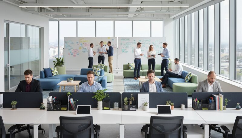 A modern open-space office layout showcasing practical solutions for organization and decor. In the foreground, sleek, minimalist desks with ergonomic chairs, adorned with stylish desk organizers and small plants. The middle-ground features collaborative areas with comfortable seating, vibrant cushions, and whiteboard walls filled with brainstorming notes. In the background, large windows let in natural light, creating a bright, inviting atmosphere. The color palette blends soft blues and greens, promoting a calm yet productive vibe. The image captures the essence of a well-designed workspace, emphasizing functionality and aesthetic appeal, with professional individuals in business attire engaging in discussions. The lighting is bright and airy, emphasizing the spaciousness of the layout, shot from an eye-level angle for a clear perspective. A modern open-space office layout showcasing practical solutions for organization and decor. In the foreground, sleek, minimalist desks with ergonomic chairs, adorned with stylish desk organizers and small plants. The middle-ground features collaborative areas with comfortable seating, vibrant cushions, and whiteboard walls filled with brainstorming notes. In the background, large windows let in natural light, creating a bright, inviting atmosphere. The color palette blends soft blues and greens, promoting a calm yet productive vibe. The image captures the essence of a well-designed workspace, emphasizing functionality and aesthetic appeal, with professional individuals in business attire engaging in discussions. The lighting is bright and airy, emphasizing the spaciousness of the layout, shot from an eye-level angle for a clear perspective.
