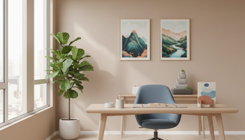 A serene office space designed for productivity, featuring soft natural lighting filtering through large windows. In the foreground, a lush potted plant symbolizing Feng Shui sits on a stylish wooden desk, its vibrant green leaves contrasting with the warm beige wall. The middle ground showcases a minimalist office chair and a neatly organized workspace adorned with neutral color schemes—blues and earth tones creating a calm atmosphere. In the background, decorative elements like framed nature-inspired artwork and a small water feature evoke tranquility. The scene is captured from a slightly elevated angle to emphasize openness and comfort, filled with light and inviting energy, encouraging focus and creativity. A serene office space designed for productivity, featuring soft natural lighting filtering through large windows. In the foreground, a lush potted plant symbolizing Feng Shui sits on a stylish wooden desk, its vibrant green leaves contrasting with the warm beige wall. The middle ground showcases a minimalist office chair and a neatly organized workspace adorned with neutral color schemes—blues and earth tones creating a calm atmosphere. In the background, decorative elements like framed nature-inspired artwork and a small water feature evoke tranquility. The scene is captured from a slightly elevated angle to emphasize openness and comfort, filled with light and inviting energy, encouraging focus and creativity.