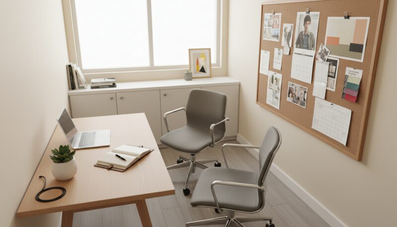 A stylish and functional small office interior designed for efficiency, showcasing practical interior designer tips. In the foreground, a modern desk with a sleek laptop, notepad, and stylish plant. Mid-ground features ergonomic chairs and a bulletin board filled with colorful inspiration boards and organizational tools. The background displays a bright window allowing natural light to flood the space, complemented by soft, neutral colors on the walls. The atmosphere is inviting yet professional, with minimalistic decor and strategic use of space for storage. Lighting is warm and diffused, with a slightly elevated angle capturing the cozy ambiance. Ideal for showcasing commercial interior design principles in a small workspace. A stylish and functional small office interior designed for efficiency, showcasing practical interior designer tips. In the foreground, a modern desk with a sleek laptop, notepad, and stylish plant. Mid-ground features ergonomic chairs and a bulletin board filled with colorful inspiration boards and organizational tools. The background displays a bright window allowing natural light to flood the space, complemented by soft, neutral colors on the walls. The atmosphere is inviting yet professional, with minimalistic decor and strategic use of space for storage. Lighting is warm and diffused, with a slightly elevated angle capturing the cozy ambiance. Ideal for showcasing commercial interior design principles in a small workspace.