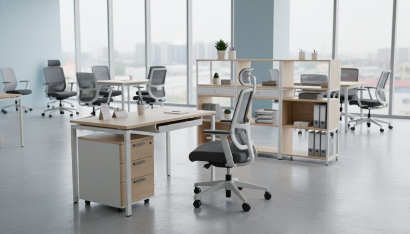 A well-organized office furniture selection space showcasing various office chairs, desks, and storage solutions arranged with care. In the foreground, a stylish ergonomic chair with adjustable features sits alongside a modern desk featuring a sleek design and integrated storage. In the middle, there’s a display of budget-friendly shelving units and accessories presented in a clean, minimalist style. The background features soft natural lighting filtering through large windows, creating an inviting atmosphere. The scene evokes a sense of practicality and efficiency, ideal for small budgets. Capture this from a slightly elevated angle to emphasize the layout. Ensure all elements reflect a professional and functional workspace. A well-organized office furniture selection space showcasing various office chairs, desks, and storage solutions arranged with care. In the foreground, a stylish ergonomic chair with adjustable features sits alongside a modern desk featuring a sleek design and integrated storage. In the middle, there’s a display of budget-friendly shelving units and accessories presented in a clean, minimalist style. The background features soft natural lighting filtering through large windows, creating an inviting atmosphere. The scene evokes a sense of practicality and efficiency, ideal for small budgets. Capture this from a slightly elevated angle to emphasize the layout. Ensure all elements reflect a professional and functional workspace.