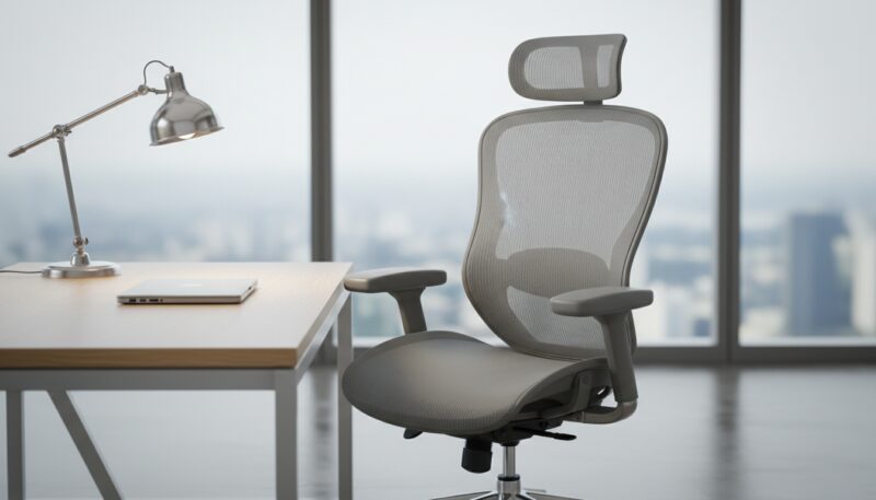 An ergonomic office chair designed for comfort and support, showcasing a sleek, modern aesthetic. The chair features adjustable armrests, lumbar support curvature, and breathable mesh fabric in a neutral color palette. Foreground: a well-lit workspace with a polished wooden desk and a glowing desk lamp casting a warm light. Middle: the chair prominently positioned at the desk, angled slightly for depth. Background: a blurred office environment with soft natural light filtering through large windows, creating a serene, productive atmosphere. Mood: calm and inviting, emphasizing the importance of comfort in a professional setting. No text, logos, or identifiable brands in the image. An ergonomic office chair designed for comfort and support, showcasing a sleek, modern aesthetic. The chair features adjustable armrests, lumbar support curvature, and breathable mesh fabric in a neutral color palette. Foreground: a well-lit workspace with a polished wooden desk and a glowing desk lamp casting a warm light. Middle: the chair prominently positioned at the desk, angled slightly for depth. Background: a blurred office environment with soft natural light filtering through large windows, creating a serene, productive atmosphere. Mood: calm and inviting, emphasizing the importance of comfort in a professional setting. No text, logos, or identifiable brands in the image.