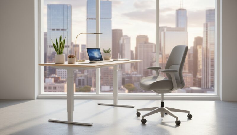 An innovative office furniture design showcasing ergonomic elements in a modern workspace. In the foreground, feature a sleek, adjustable standing desk with a minimalist design, accompanied by an ergonomic chair designed for comfort and support, both in soft, muted colors. In the middle ground, depict an organized workspace with potted plants for a touch of greenery and elegant task lighting softly illuminating the area. The background should include large windows with natural light streaming in, offering a view of a vibrant cityscape to emphasize the modern setting. The atmosphere is professional yet inviting, emphasizing health and productivity with a balanced, harmonious layout. Ideal for a fresh, contemporary look in office design. An innovative office furniture design showcasing ergonomic elements in a modern workspace. In the foreground, feature a sleek, adjustable standing desk with a minimalist design, accompanied by an ergonomic chair designed for comfort and support, both in soft, muted colors. In the middle ground, depict an organized workspace with potted plants for a touch of greenery and elegant task lighting softly illuminating the area. The background should include large windows with natural light streaming in, offering a view of a vibrant cityscape to emphasize the modern setting. The atmosphere is professional yet inviting, emphasizing health and productivity with a balanced, harmonious layout. Ideal for a fresh, contemporary look in office design.